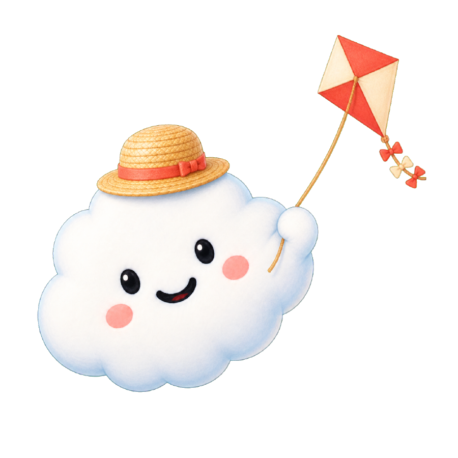 Nimbus, the Sparkwise AI learning buddy for kids, flying with a kite