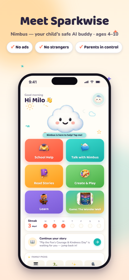 Sparkwise home screen — a kids learning app with chat, stories, coding, piano and games