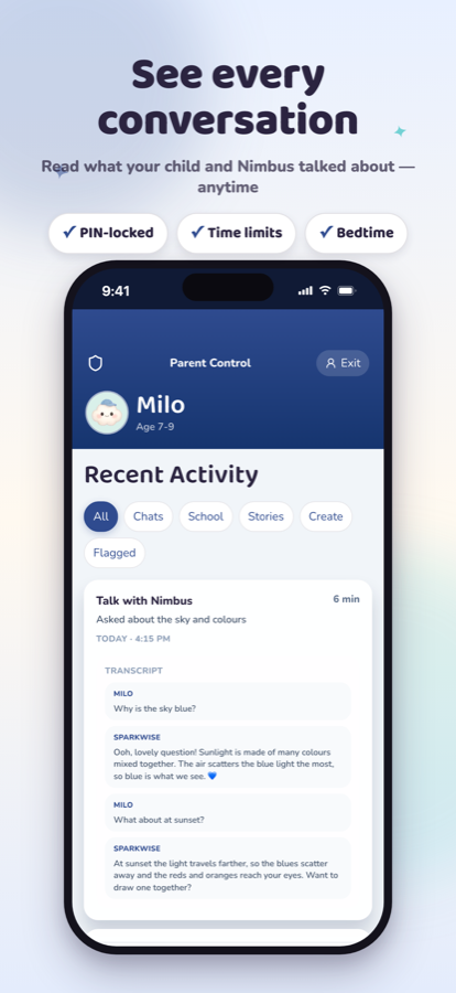 Parent dashboard showing a full, readable transcript of the child's AI conversation