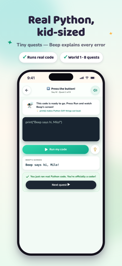Code Sparks — kids learn to code with real Python quests